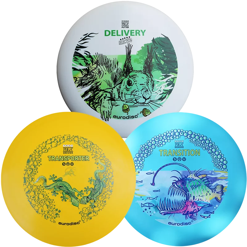 eurodisc® Disc Golf Beginner-Set 3 Discs, Design: Animals, SQU Standard Material White - brightblue - yellow