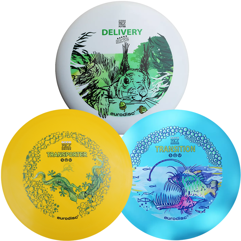 eurodisc® Disc Golf Beginner-Set 3 Discs, Design: Animals, SQU Standard Material White - brightblue - yellow