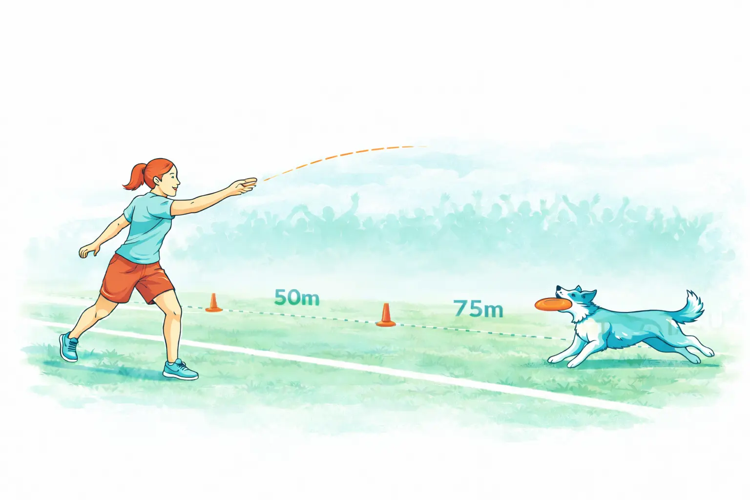 Long Distance disc dogging – dog catches a far-thrown disc in the air