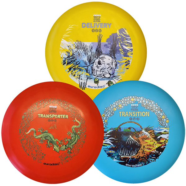 eurodisc® Disc Golf Einsteigerset 3 Scheiben, Design: Animals, gelb-hellblau-orange