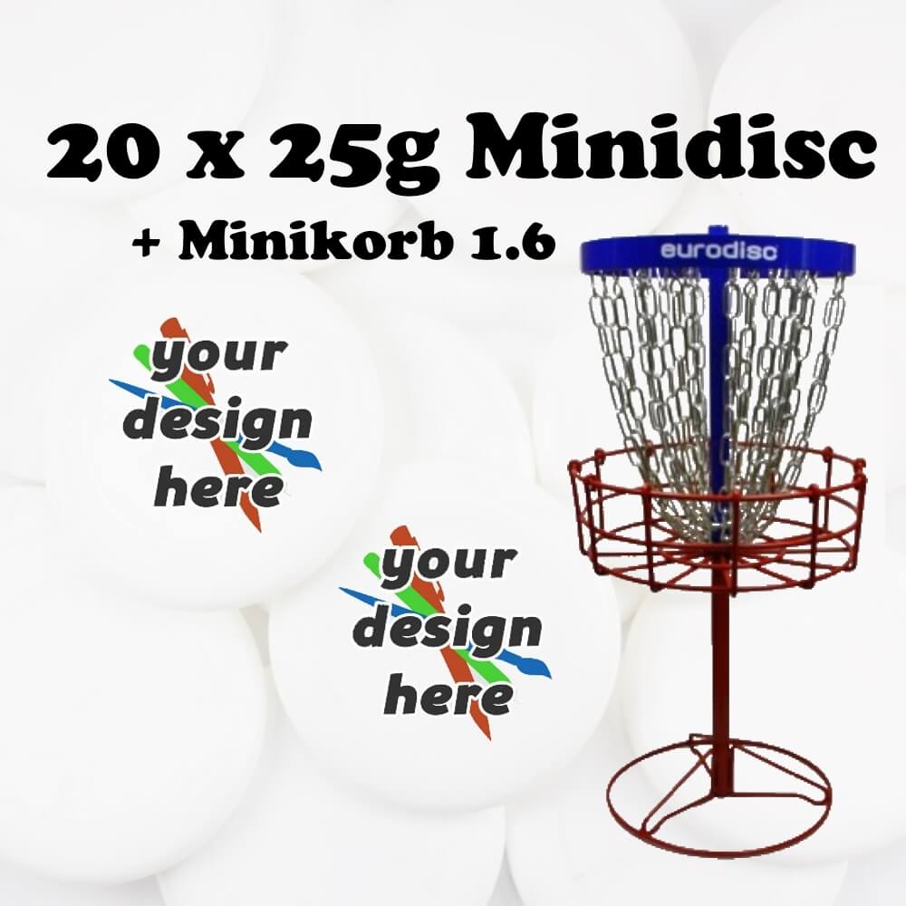 Individuelle Eurodisc 25g Mini Frisbee mit eigenem Logo - 20 Scheiben + Minikorb 2.1