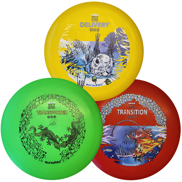 eurodisc® Disc Golf Beginner-Set 3 Discs, Design: Animals, SQU Standard Material Yellow - Red - Green 