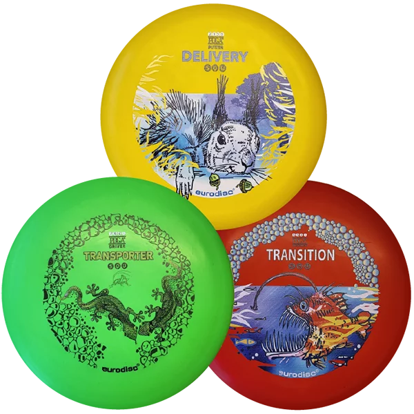 eurodisc® Disc Golf Beginner-Set 3 Discs, Design: Animals, SQU Standard Material Yellow - Red - Green 