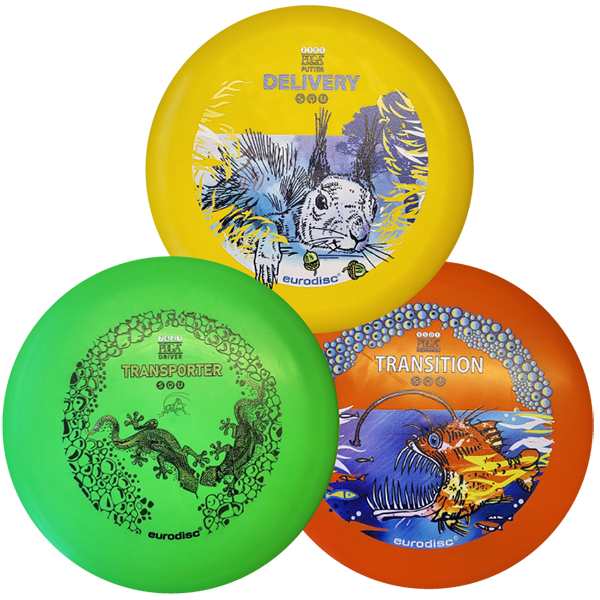 eurodisc® Disc Golf Beginner-Set 3 Discs, Design: Animals, SQU Standard Material Yellow - Orange - Green
