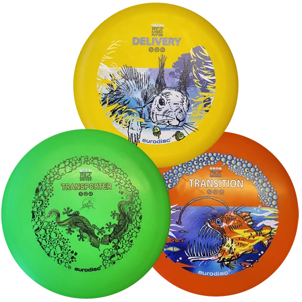 eurodisc® Disc Golf Beginner-Set 3 Discs, Design: Animals, SQU Standard Material Yellow - Orange - Green