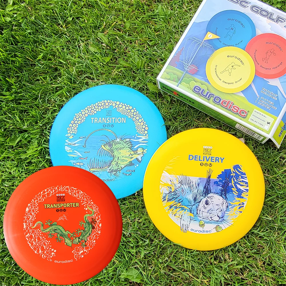 eurodisc® Disc Golf Beginner Set 3 Discs, Design: Animals, yellow - brightblue- orange