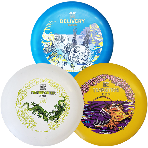 eurodisc® Disc Golf Beginner-Set 3 Discs, Design: Animals, SQU Standard Material Blue - Yellow- White