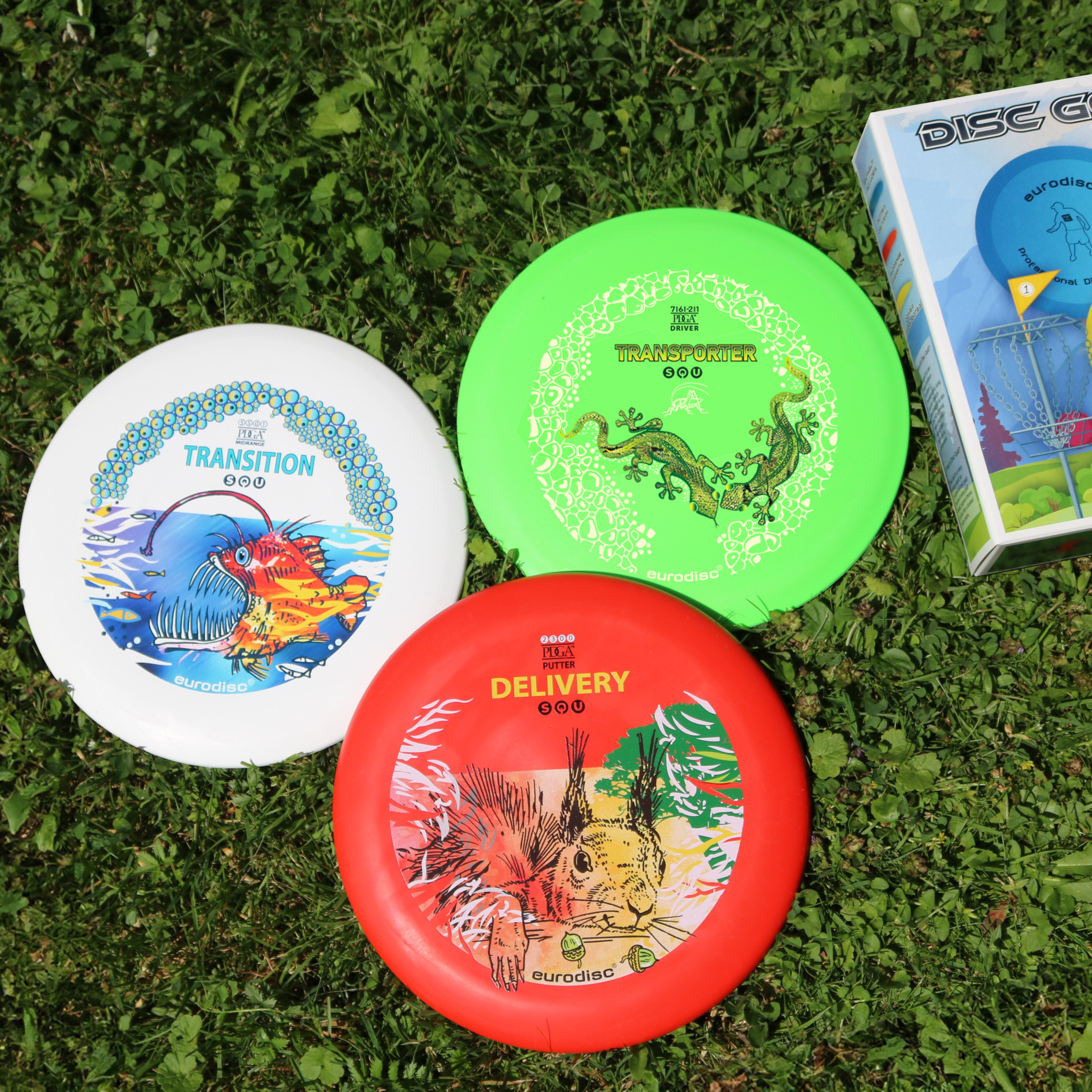 eurodisc® Disc Golf Einsteigerset 3 Scheiben, Design: Animals, rot- weiß- grün eurodisc® Disc Golf Einsteigerset 3 Scheiben, Design: Animals, rot- weiß- grün