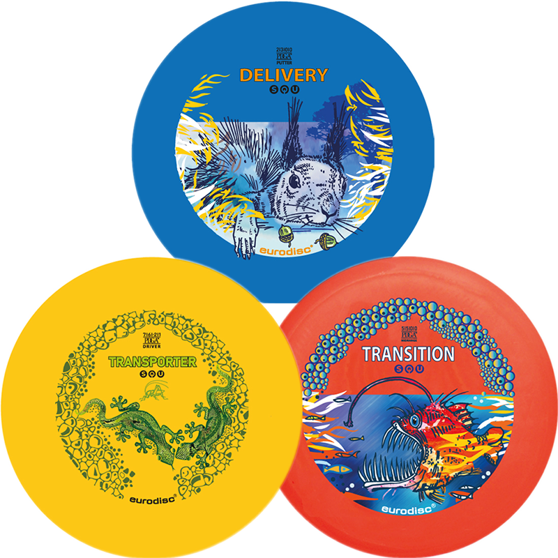 eurodisc® Disc Golf Beginner-Set 3 Discs, Design: Animals, SQU Standard Material Blue - Orange - Yellow