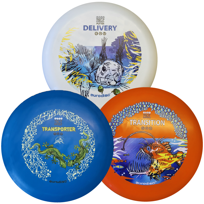 eurodisc® Disc Golf Einsteigerset 3 Scheiben, Design: Animals, weiß -orange - blau