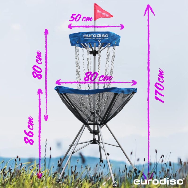 Maßzeichnung des eurodisc 1Click! Discgolf-Korbs mit Abmessungen